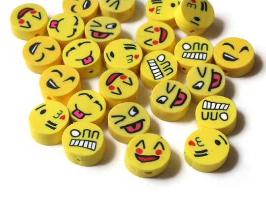SmileyBoy; 25 Yellow Emoji Beads Polymer Clay Smiley Face Beads Coin Beads; Category:Ceramic & Clay; Image:1